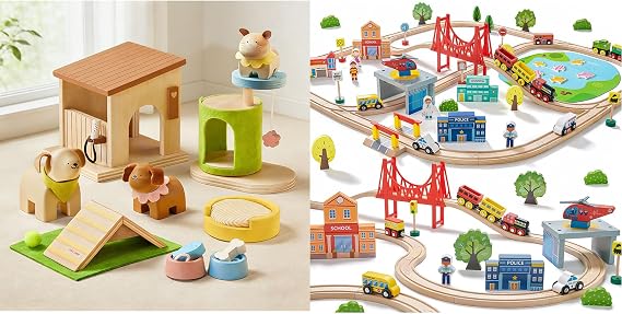 Tiny Land 110PCS Wooden Train Set Toy Train with Tracks,Wooden Dollhouse Animal Set