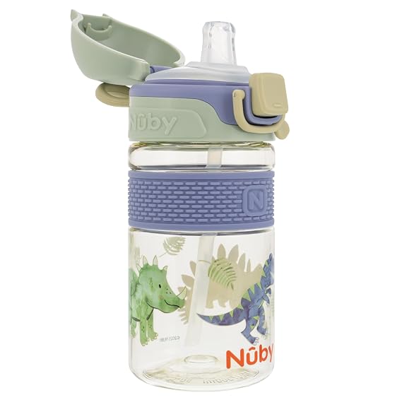 Nuby Thirsty Kids Flip-it Bolt Toddler Cup | Push-Button Locking Flip-Top - Free Flow Silicone Spout and Durable Base - Dinosaurs