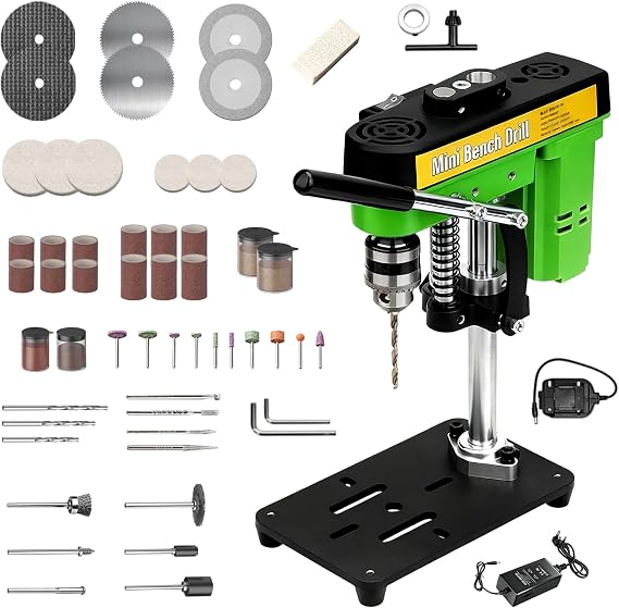 Mini Bench Drill Press,7-SPD Adj Portable Pillar Drill Press AC/DC Power | 100W Benchtop Drilling Machine 52 PCS Accs,High Precision Low Noise Table Drill Bench Machine for DIY Woodwork, Metal,Craft