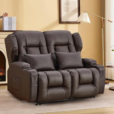 IPKIG 54.2 RV Loveseat Recliner, Faux Leather Double Reclining RV Sofa with Side Pockets and Cup Holder, RV Home Theater Seating, Manual Recliner Chair Brown