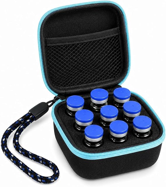Peptide Case, 9/12 Slots Insulin Vial Protector Organizer Bag for Diabetic Medication, Insulin Vial Protector Case - Peptide Vial Holder Fits U-100 Vials (Black and Blue, 9-Slot, Box Only)