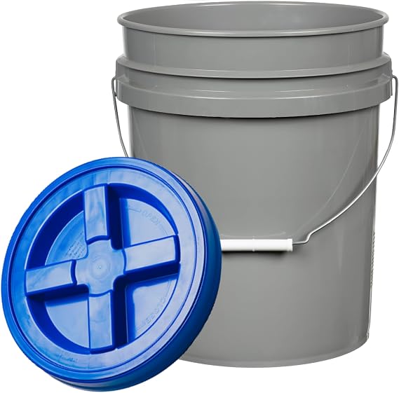 5 Gallon Food Grade BPA Free Made in USA Pails Gray Bucket with Screw On Air Tight Lid (1, Gray with Blue lids)