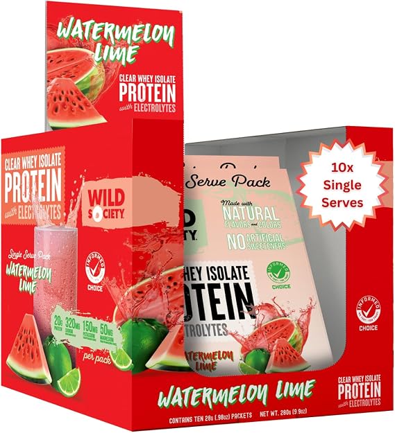 WILD SOCIETY Clear Protein Powder Packets + Electrolytes, Watermelon Lime