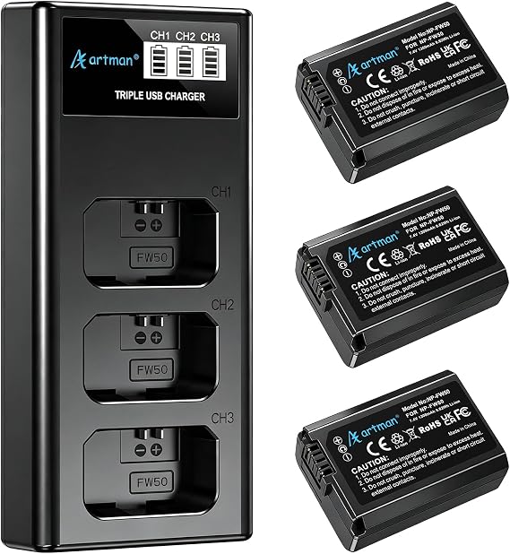 Artman NP-FW50 Battery 3-Pack 1300mAh & 3-Slot LCD Charger for Sony ZV-E10