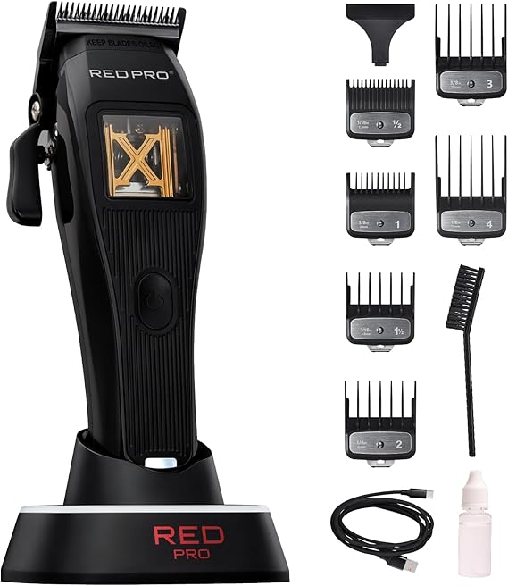 RED Pro X-King Cordless Hair Clipper for Men Hair Cutting, Strong & Fast Vector Motor, DLC Diamond Like Carbon Coated Blade, Rechargeable USB-C Charging Cradle, 6 Guards (Black)