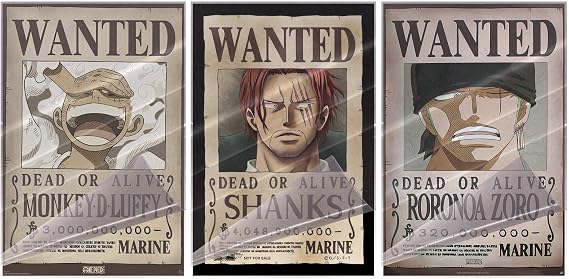 One Piece - 3 Piece Anime TV Show Poster Set (Wanted: Monkey D. Luffy, Shanks & Roronoa Zoro) (Size: 24" x 36" each) (Laminated Posters)
