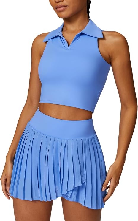 2 Piece Tennis Dress for Women Pleated Tennis Skirt Sleeveless Racerback Padded Crop Top Golf Workout Outfits