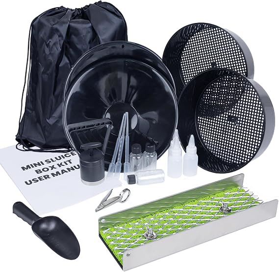 18pcs Mini Sluice Box Gold Panning Kit, Portable Aluminum Alloy Mining Equipment for Adults, Includes Gold Pan, Classifier Screen, Separating Magnet, Backpack & Accessories