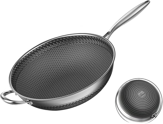 316 Wok en Acier Inoxydable,Poele a frire Triply Kitchenware avec revetement Anti-adhesif et resistant aux rayures Motif nid d'abeille texture au feu