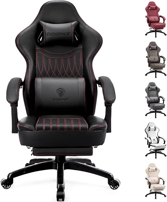 Dowinx Gaming Chair Breathable PU Leather Gamer Chair with Footrest Massage Lumbar Support, Big and Tall Ergonomic Reclining Computer Chair with Pocket Spring Cushion for Adults Teens(Black)