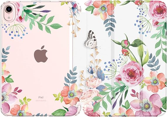 MoKo Case for iPad mini (A17 Pro) 7th/6th Gen 2024/2021, Fragrant Flowers | iPad Mini 8.3 Inch Case Protective Trifold Folio Cover, Flexible Soft TPU Translucent Back Smart Cover, Auto Wake/Sleep