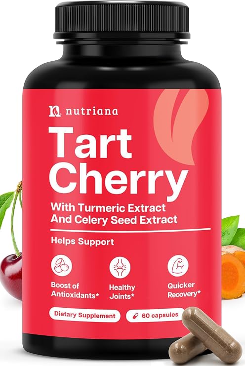 Nutriana Ultra High Strength Tart Cherry Extract Capsules with Turmeric & Celery Seed for Feet & Joint Support Uric Acid Flush Cleanse & Purge Pills, 60 Veggie Capsules Manufactured in USA