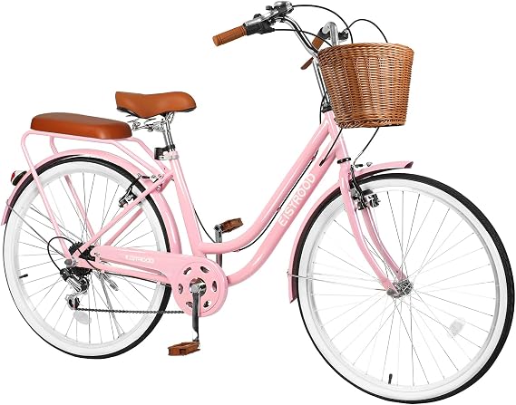 26" Women's Cruiser Bike, 7-Speed City Bike Duable Bar Featuring Convenient Basket & Rack, Perfect Adult Bicycle for Commuting, Leisure, and Stylish Comfortable Rides, Pink