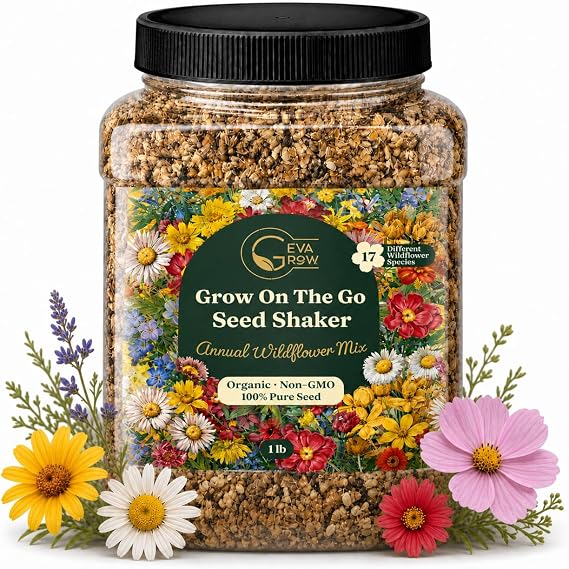 Wildflower Seed Shaker Annual Mix by GevaGrow | 17 Variety Flower Seeds for Planting in Pots & Outdoor Gardens, Bulk 300,000+ Seeds - 1 Pound Tub