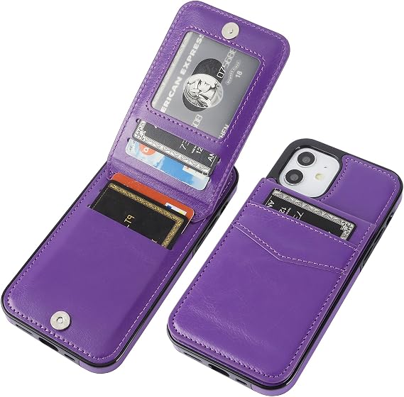 KIHUWEY Compatible with iPhone 12 Compatible with iPhone 12 Pro Case Wallet with Credit Card Holder, Premium Leather Magnetic Clasp Kickstand Heavy Duty Protective Cover 6.1 inch(Dark Purple)