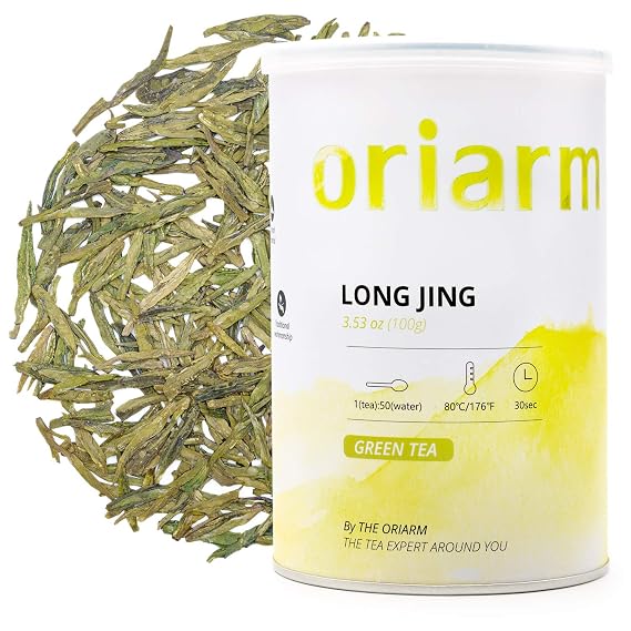 Oriarm Dragon Well Longjing Tea Loose Leaf 100g / 3.53oz Tin Can - Chinese Long Jing Green Tea Leaves - Yuqian 1st Grade - Ecologically Grown