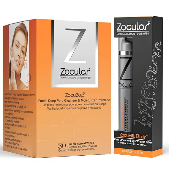 Zocular ZocuZap Facial Wipes, 30 Count + Zocufill Elixir Eye Gel and Face Serum Bundle