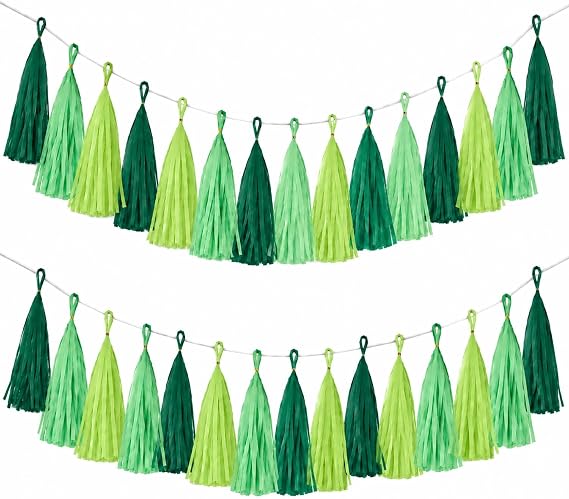 Green Tassel Garland, Tissue Paper Tassels Party Decorations for St. Patricks Day Birthday Baby Shower Wall Backdrop (30-Pack)