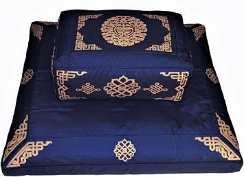 Meditation Cushion Set Rectangular Zafu and Zabuton - Silkscreen Sacred Symbol Longevity Blue