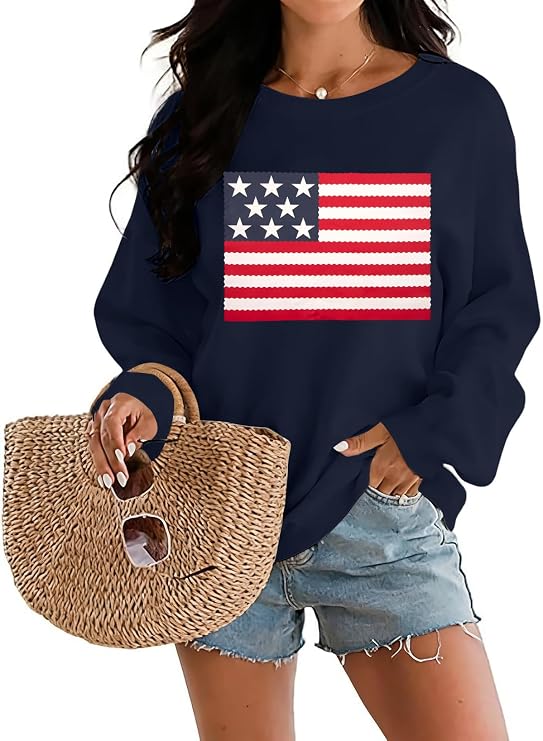 DUTUT American Flag Sweatshirt Women 4th of July Shirts Long Sleeve Crewneck Graphic USA Sweatshirts Patriotic Sweater