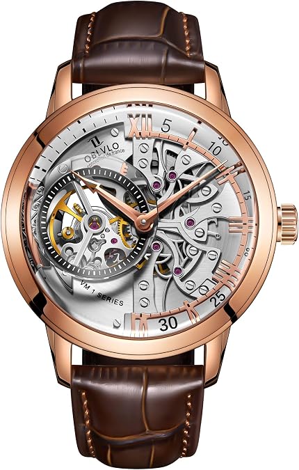 OBLVLO Luxury Rose Gold Watches Men's Skeleton Dial Automatic Watches Leather Strap VM-1