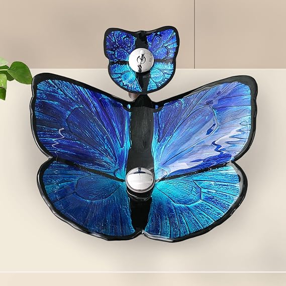 Bathroom Vessel Sink, Tempered Glass Vanity Butterfly Shape Bathroom Sink with Waterfall Faucet Kit and Pop Up Drain Set, Above Counter Wash Basin,Blue