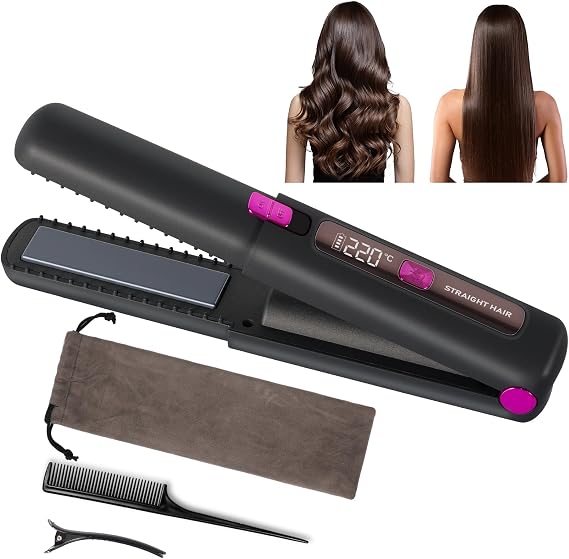 Cordless Hair Straightener, Nsyee 2 in 1 Ceramic Coated Flat Iron and Curler with 6 Temperature Settings, LCD Display, 4500mAh USB Rechargeable, Portable Mini Curling Iron for All Types Hair, Black
