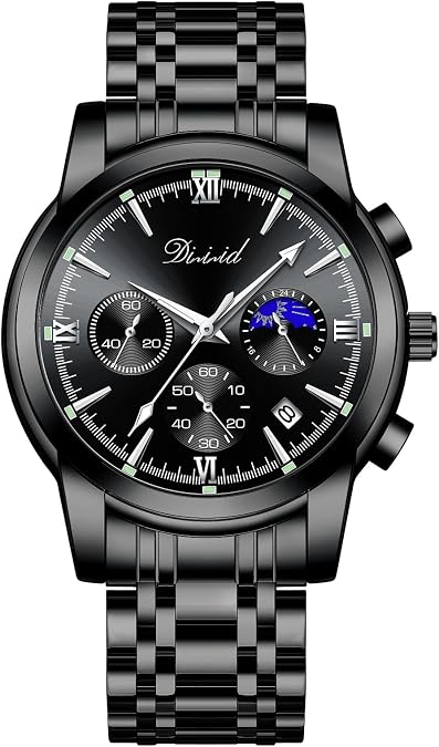 Watches for Men, Business Chronograph Mens Watch Analog Quartz 316L Stainless Steel 30M Waterproof Luminous Date Moon Phase Casual Wrist Watch