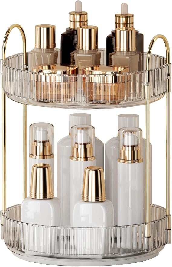 360 Rotating Makeup Organizer for Vanity - 2 Tier Perfume Organizer with Large Capacity - Skincare Organizer for Bathroom Counter - Space-Saving Cosmetic Storage for Dresser Countertop (Clear)