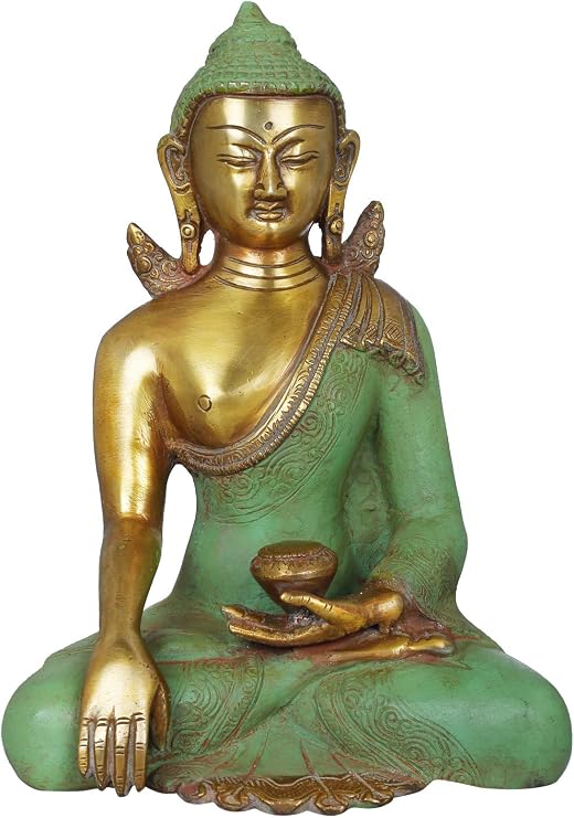 Exotic India Solemn Shakyamuni, The Momentous Bhumisparsha Mudra - Brass Statue - Color Patina GoldColor