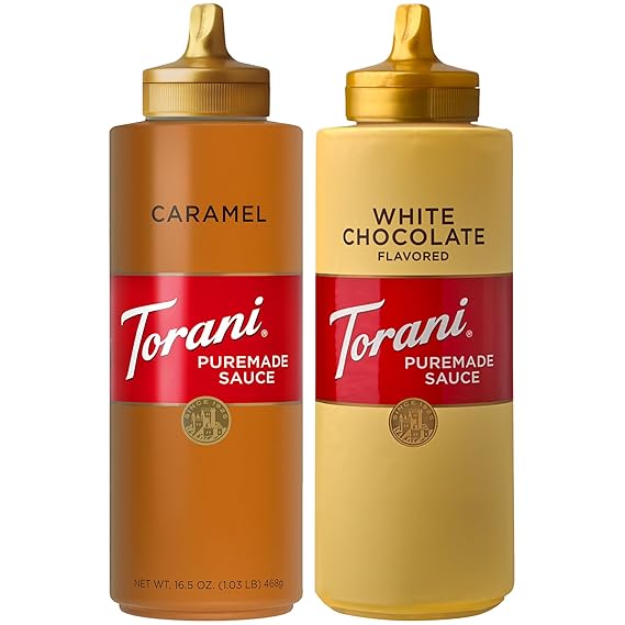 Torani Puremade Caramel & White Chocolate Sauce Variety 2-Pack for Desserts and Coffeehouse Drinks, 16.5 Oz Ea