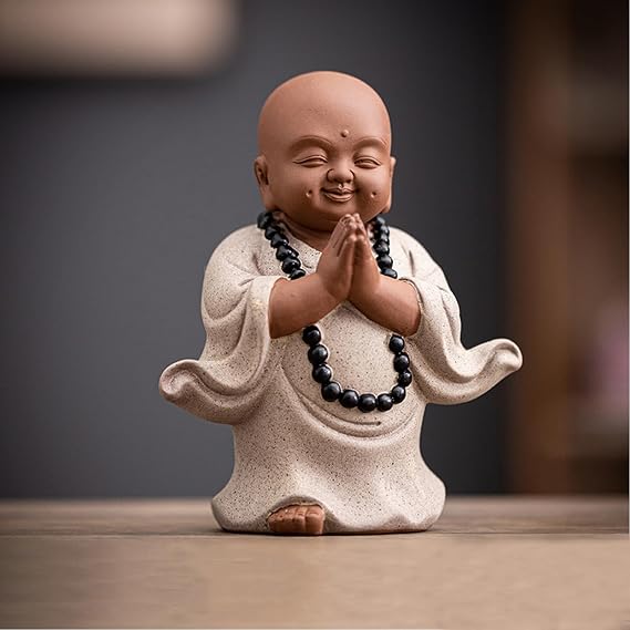 Ceramic Pray Buddhist Monk Statue, Feng Shui Laughing Buddha Tea Pet for Home Office Desk Decor, 5.5" Collectable Gift