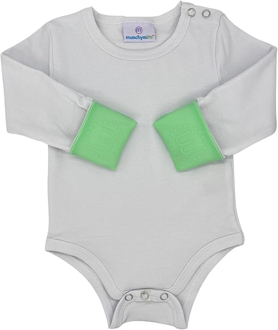 Munchy Mitts Bodysuit Baby Grow with Integrated Silicone Teething Mitts Vest 3 to 6 Months Mittens Mint Green
