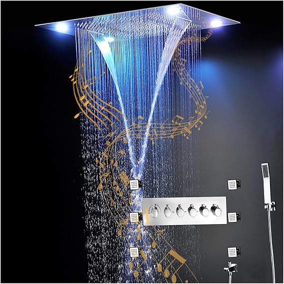 Shower System, Digital Shower System Luxury Music Shower Set,LED Big Rain Curtain Showerhead Waterfall Massage Thermostatic High Flow Faucets 2'' Body Jets Easy to Install(Whole Shower Set)