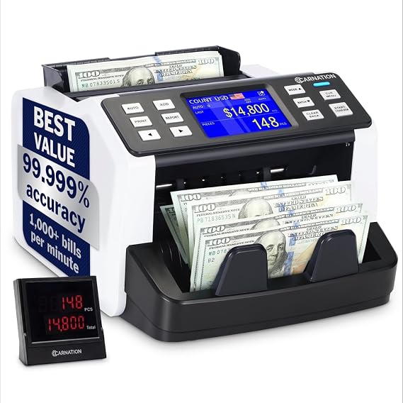 CARNATION Money Counter Machine Cash Counting & Mixed Denomination Bill Counter, Portable Currency Detector, Counterfeit Bank Scanner, Dollar Sorter for Commercial, up to 1200 N/M, UV/MG/MT/IR/CIS