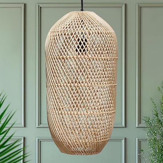 FOREVER BAMBOO Handcrafted Indonesian Natural Rattan Pendant Light Shade Wicker Light Fixtures Luxurious Cylinder Shape Woven Lampshade Chandelier Interior Decor, 21 in H x 10 in W