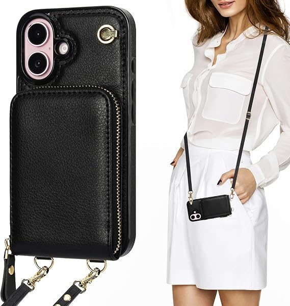KIHUWEY Crossbody Wallet Case for iPhone 16 Strap, Black | Durable, PU Leather, RFID Blocking Protective Cover with Zipper Pocket, Detachable Wrist Lanyard for Daily Travel