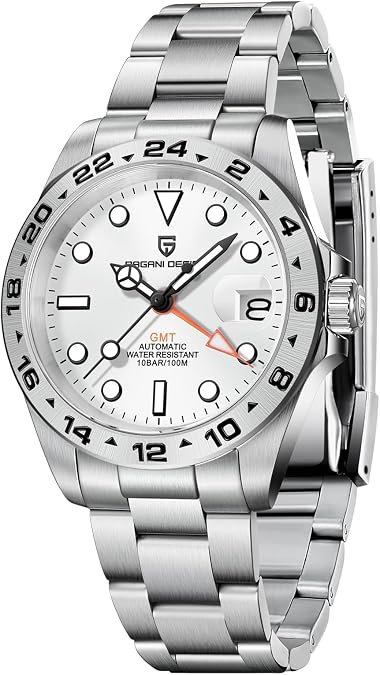Pagani Design Watches for Men Automatic Mechanical GMT Watch, 40mm Sapphire Crystal 316L Stainless Steel, 100M Water Resistant Calendar Luminous (White)