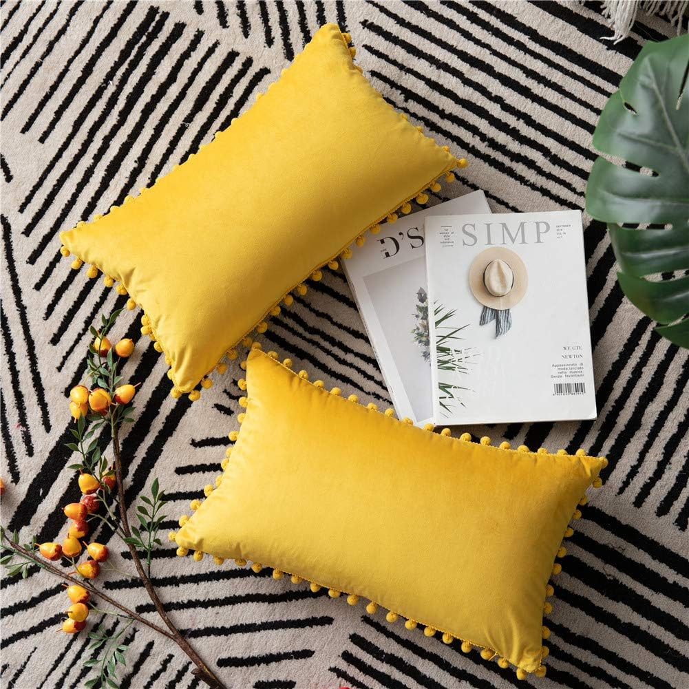 DEZENE Couch Pillow Covers 16x16 Beige: 2 Pack Cozy Soft Pom-poms Velvet Square Throw Pillow Cases for Farmhouse Home Decor