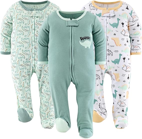 The Peanutshell Baby Sleepers for Boys Set of 3 - Soft Cotton Footed Pajamas for Newborns & Infants - Green Dino