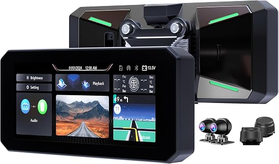 MT7 Motorcycle Smart Navigation System, 6.86" IPS 60Hz Screen, CarPlay & Android Auto, BT 5.2, IP67 Waterproof, Quick-Release, Front/Rear Cameras & Tire Pressure Monitor Included