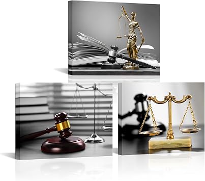 Derkymo Legal Canvas Wall Art Law and Justice Wall Art Golden Justice Scales Justice Hammer Goddess of Justice Statue Poster Printing Artwork for Home Court Office Wall Decor 12"x16"x3pcs