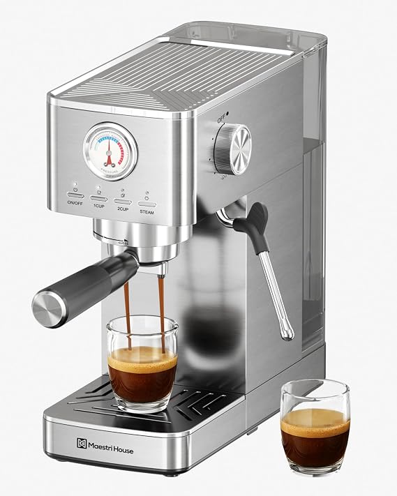 Maestri House Espresso Machines 20 Bar ULKA Pump, Compact Espresso Maker Built-in Flow Meter Steam Milk Frother, 43oz Removable Water Tank Stainless Steel Coffee Machine for Cappuccino (Sliver)
