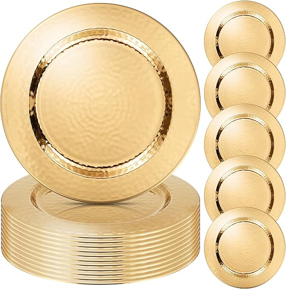 FillTouch 12 Packs Chargers Plates Bulk 13 Inch Stainless Steel Hammered Rim Round Elegant Dinner Plates Luxury Decorative Chargers for Wedding Party Catering Upscale Events (Gold)