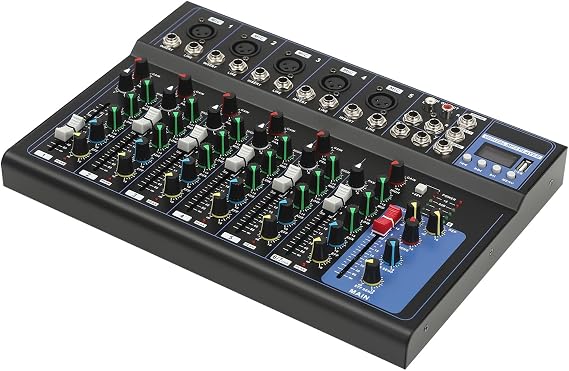 7-Channel Audio Mixer with Bluetooth, 48V Phantom Power Professional 7-Channel Mixer, 3-Band Equalizer, 6 Music Modes, for Home Studios, Live Performances, and Podcasting (7-Channel)