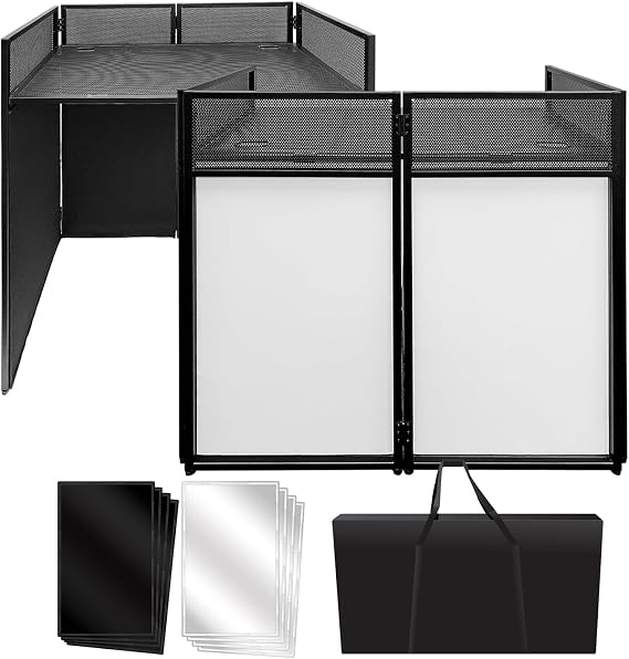 Foldable DJ Event Flat Table Top, 40 * 40 * 20 Inches Portable DJ Facade Booth DJ Facade Table Station with White & Black Scrim, Padded Carrying Bag, Metal Standing DJ Table