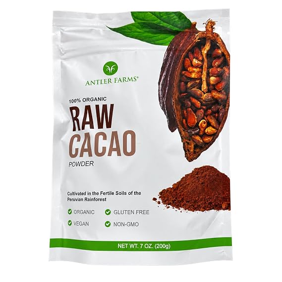 Antler Farms - 100% Pure Organic Raw Cacao Powder, 40 servings, 200g - Vegan, Gluten Free, Cultivated Naturally in Amazon Rainforest, Certified USDA Organic