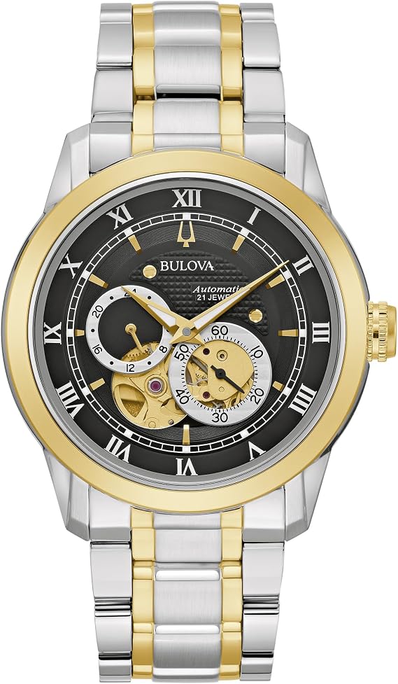 Bulova Men's Classic Sutton 4 Hand Automatic Watch, 24 Hour Sub-Dial, Open Aperture, Automatic, Exhibition Caseback, Double Curved Mineral Crystal, Luminous Hands, 42mm, Two-tone gold/black dial