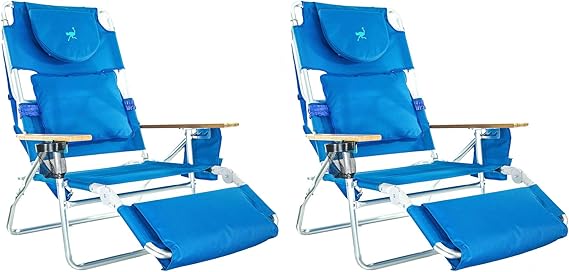 Ostrich Deluxe Padded 3-N-1 Outdoor Lounge Reclining Beach Chair, Blue (2 Pack)