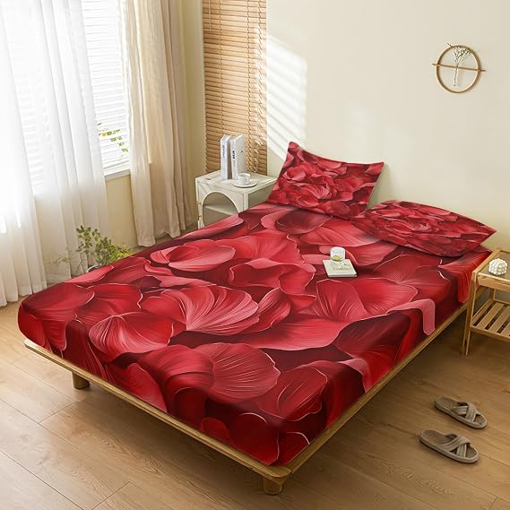 Red Petals Sheets Full Sheet Set, Romantic Rose Bed Sheets, Burgundy Floral Bedding Bedroom Decor, Soft Microfiber Deep Pocket Fitted Sheet & Flat Sheet & 2 Pillowcases